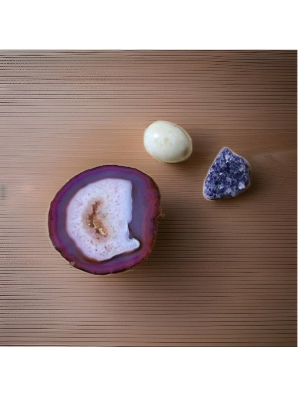 Crystal & Mineral Specimen Lot Pink Agate Slice, Amethyst Cluster & White Egg
